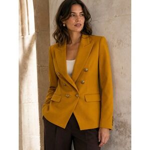 Banana Republic Captain's Blazer Double Breasted Gold Crest Buttons Mustard 8